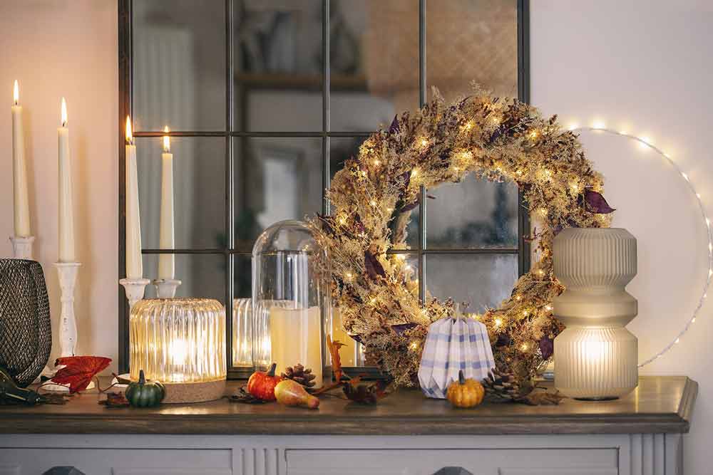 Couronne végétale luminese posée sur un buffet
