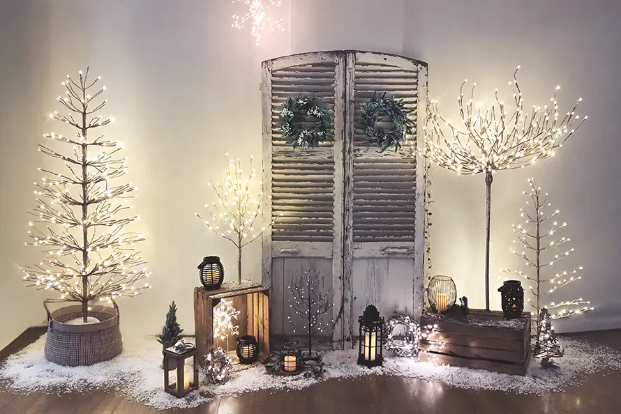 Sapins et arbres lumineux posés sur un parquet